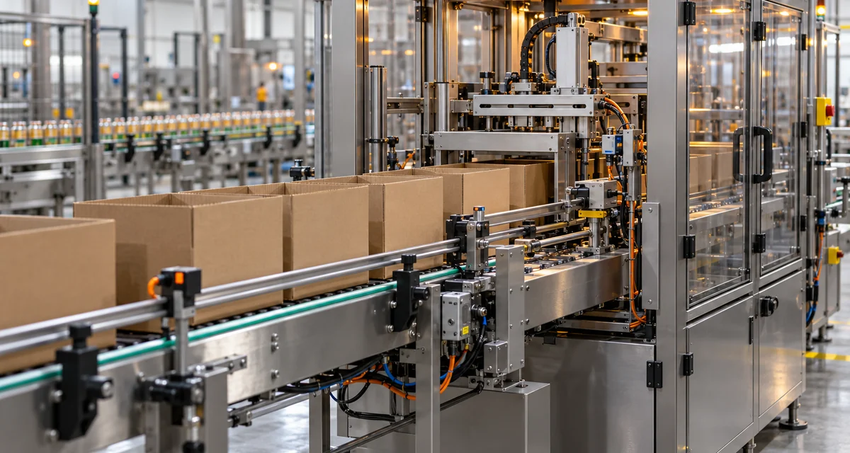 Illustrative image of an industrial casepacker and conveyor system