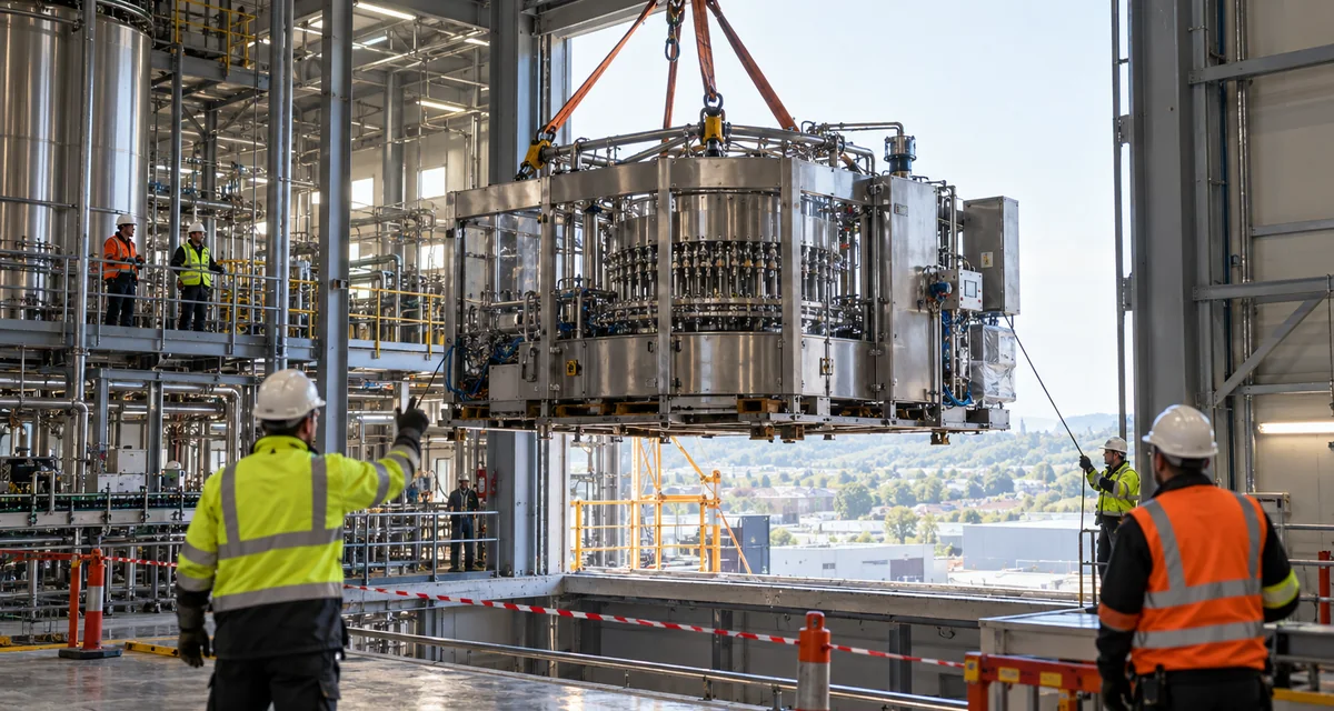 Representative image of a production machine being lifted inside a factory